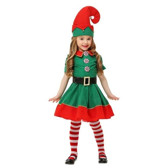 Christmas Elf Dress Girl’s Large Holiday Novelty Costume Santa Green Red Funny - Picture 1 of 13